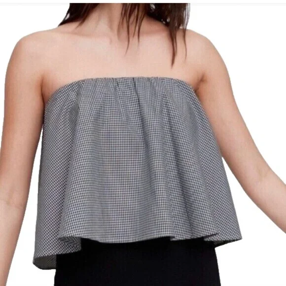 Aritzia Babaton Bandeau Ruffle Top Blouse Peplum Checkered Black White Size S - Picture 2 of 11